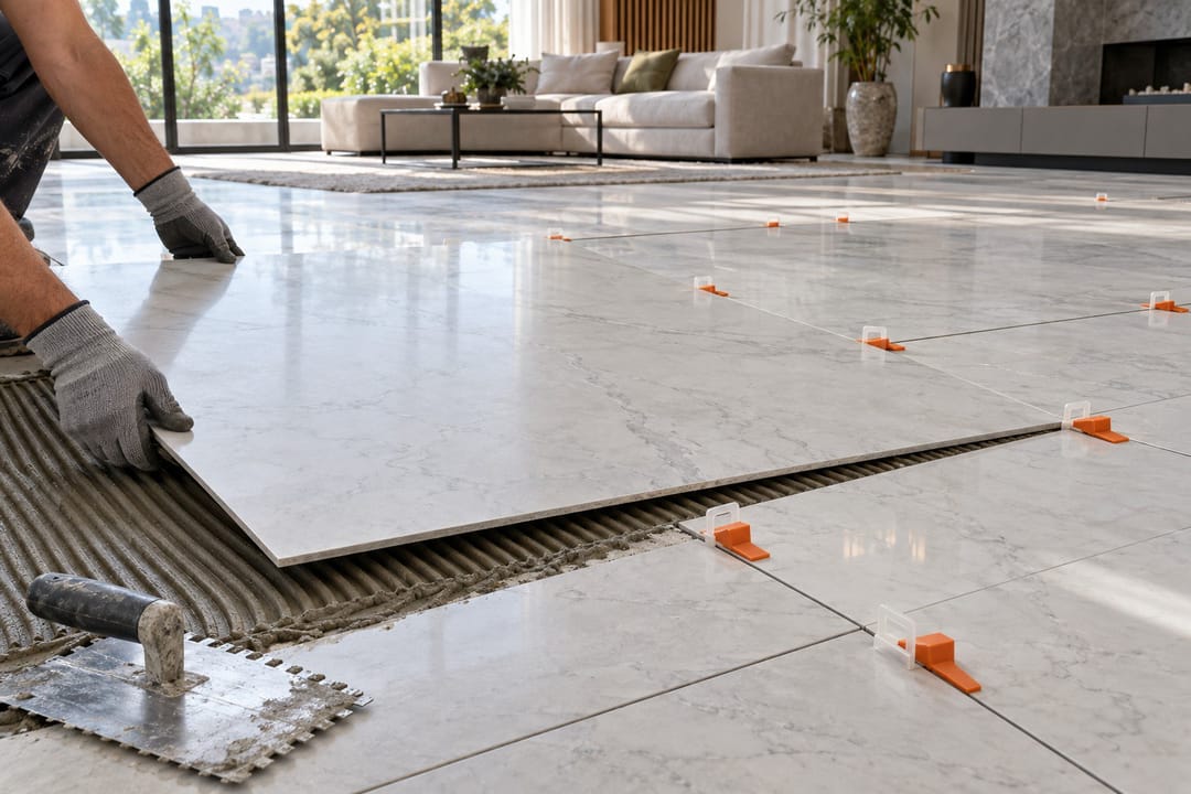 Instalador de luvas assentando uma placa grande de porcelanato sobre a argamassa, com niveladores nas juntas