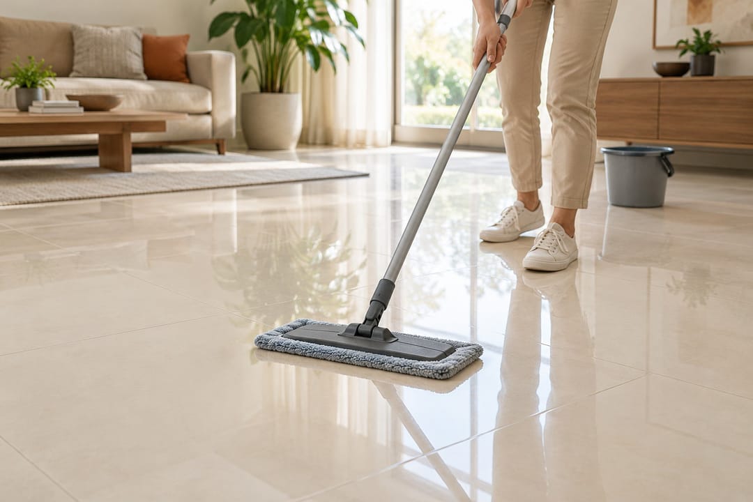 Pessoa passando um mop de microfibra num piso de porcelanato claro e brilhante, numa sala com sofá e plantas