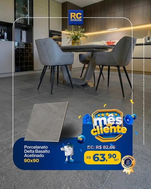 Oferta 26: Porcelanato Delta Basalto Acetinado 90x90, a partir de R$ 63,90 por M², à vista