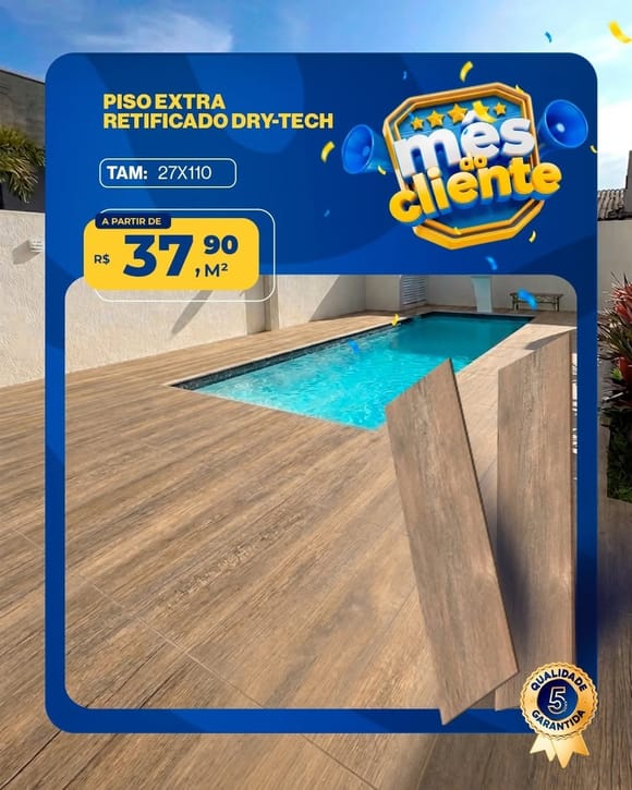 Oferta 16: Piso Extra Retificado Dry-Tech 27x110, a partir de R$ 37,90 por M², à vista