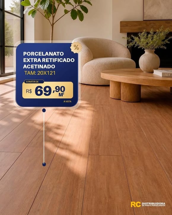 Oferta 28: Porcelanato Extra Retificado Acetinado 20x121, a partir de R$ 69,90 por M², à vista