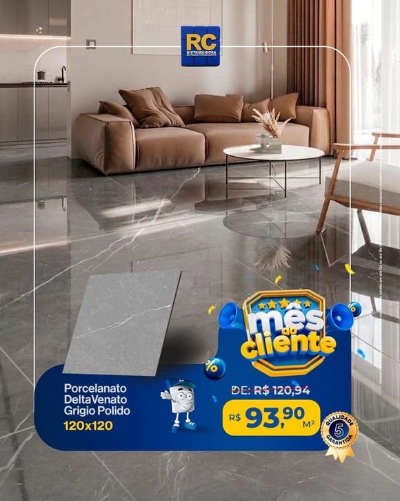 Oferta 20: Porcelanato Delta Venato Grigio Polido 120x120, a partir de R$ 93,90 por M², à vista