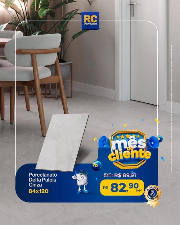 Oferta 3: Porcelanato Delta Pulpis Cinza 84x120, a partir de R$ 82,90 por M², à vista