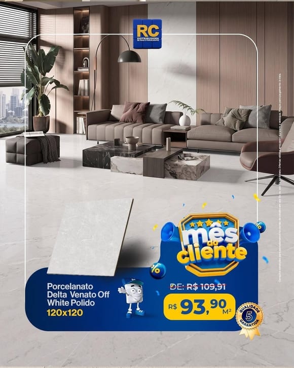 Oferta 4: Porcelanato Delta Venato Off White Polido 120x120, a partir de R$ 93,90 por M², à vista
