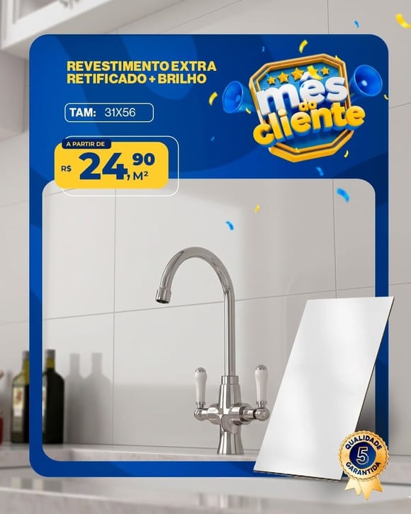Oferta 25: Revestimento Extra Retificado + Brilho 31x56, a partir de R$ 24,90 por M², à vista