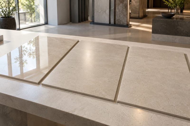 Três placas de porcelanato bege lado a lado: uma polida e brilhante, uma acetinada e uma natural, fosca