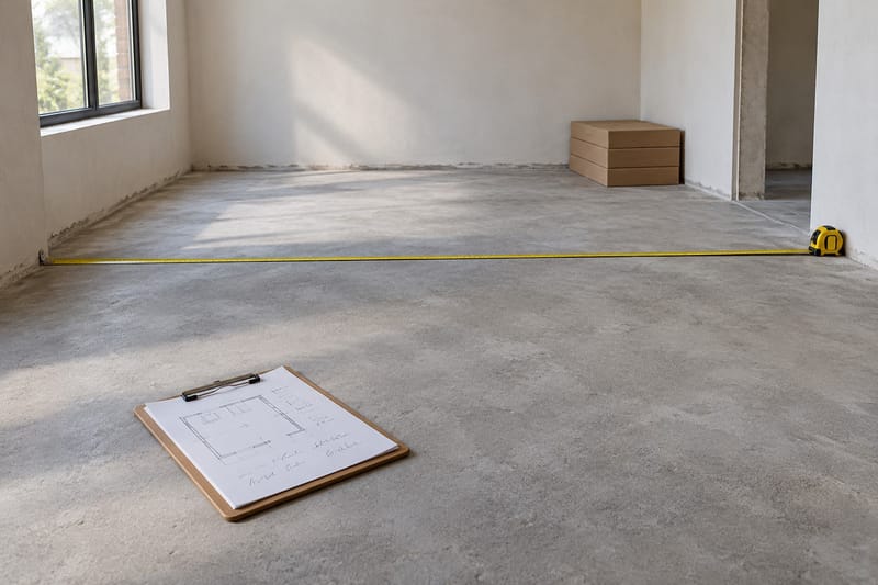 Cômodo em obra com o contrapiso pronto, uma trena aberta no chão, uma prancheta com a planta e caixas de porcelanato no canto