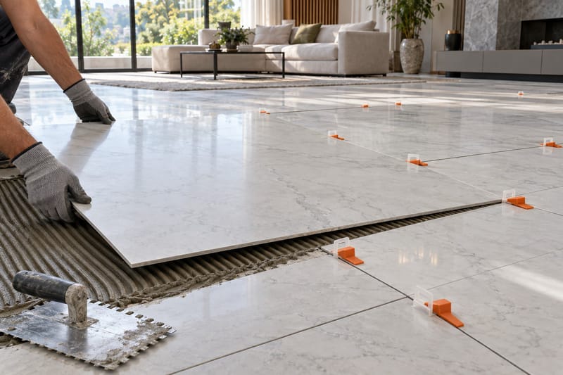 Instalador de luvas assentando uma placa grande de porcelanato sobre a argamassa, com niveladores nas juntas