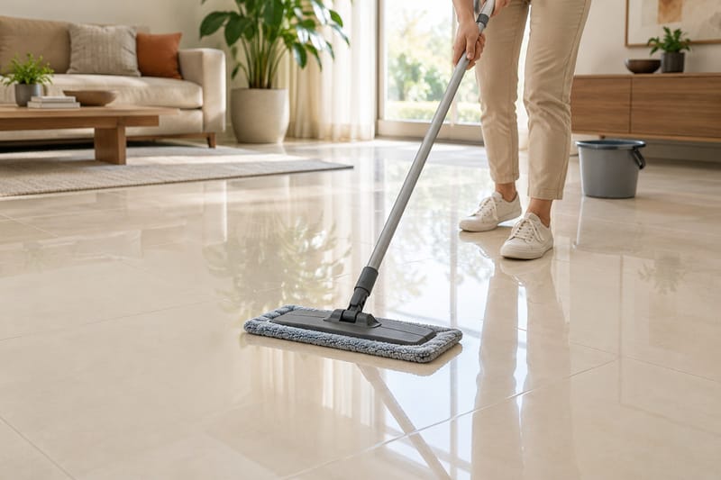 Pessoa passando um mop de microfibra num piso de porcelanato claro e brilhante, numa sala com sofá e plantas