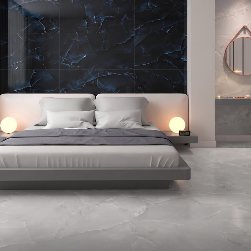 Quarto com porcelanato marmorizado